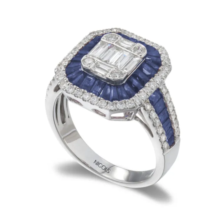 Anillo Diamantes Zafiros Sello Square