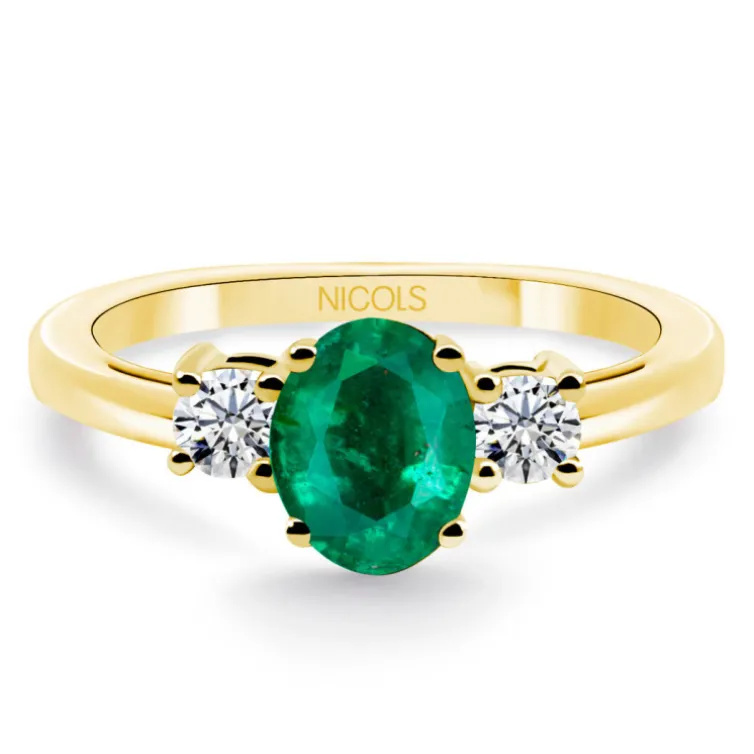 Anillo oro amarillo con esmeralda y brillantes tresillo Sunset Oval