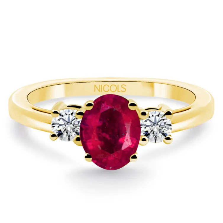 Anillo oro amarillo con rubí y diamantes tresillo Sunset Oval