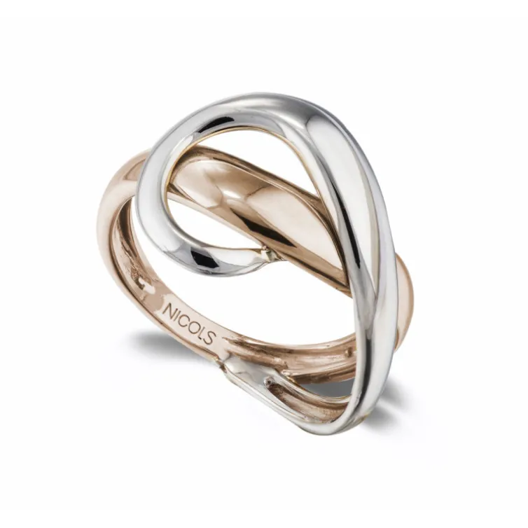Anillo Oro Escultural Concava Onda Latigo Oro Rosa y Blanco