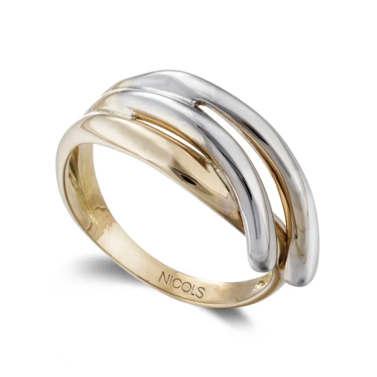 Anillo Oro Escultural Doble Látigo Oro Amarillo y Oro Blanco
