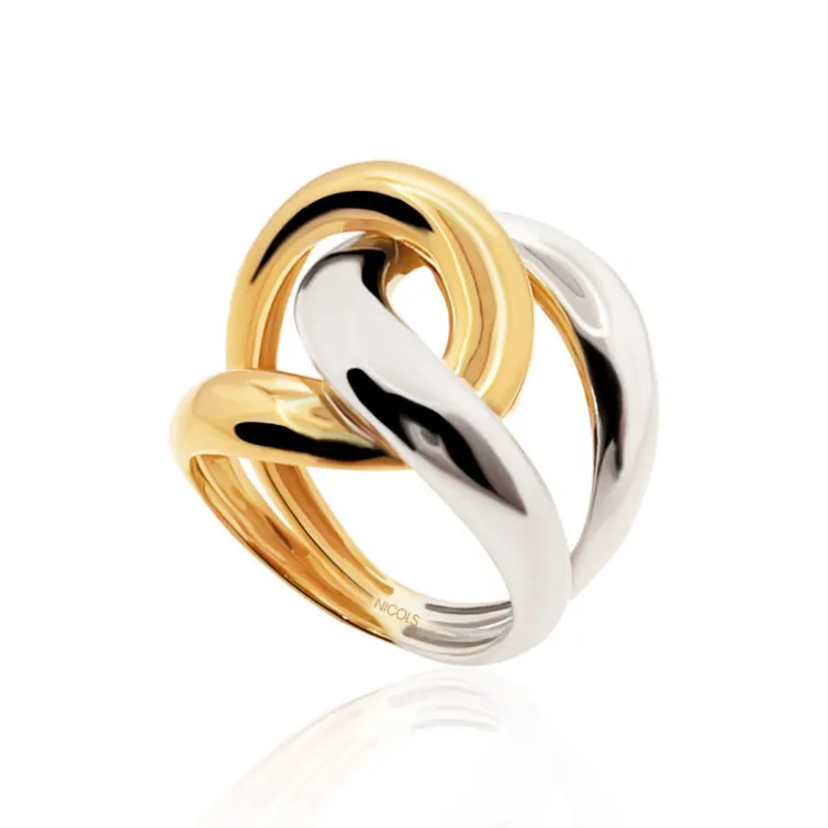 Anillo Oro Escultural Doble Banda Nudo Oro Amarillo y Blanco