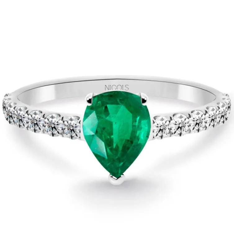 Anillo pera Lolita Esmeralda y Diamantes 0.85 Oro Blanco