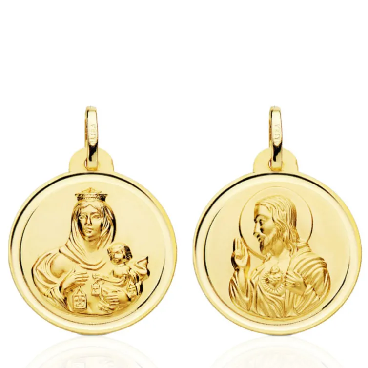 Escapulario 22Mm Virgen Del Carmen Y Corazón De Jesús Bisel 18K