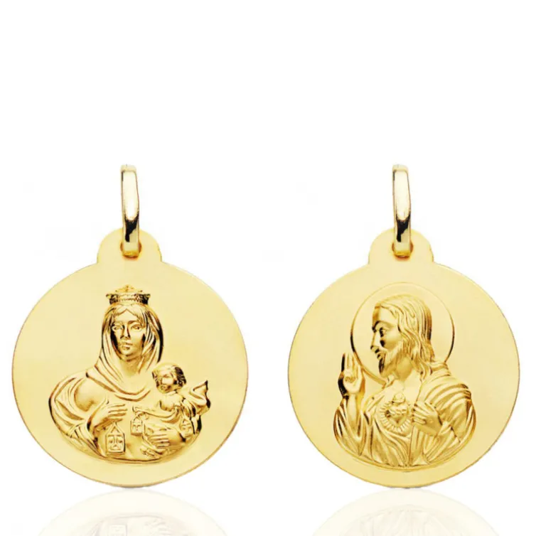 Escapulario 20mm Virgen del Carmen y Corazón de Jesús 18K