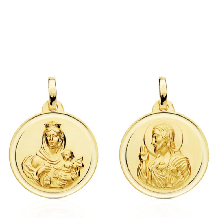 Escapulario 18Mm Virgen Del Carmen Y Corazón De Jesús Bisel 18K