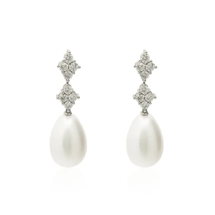 Pendientes Diamantes Y Perlas Doble Rombo