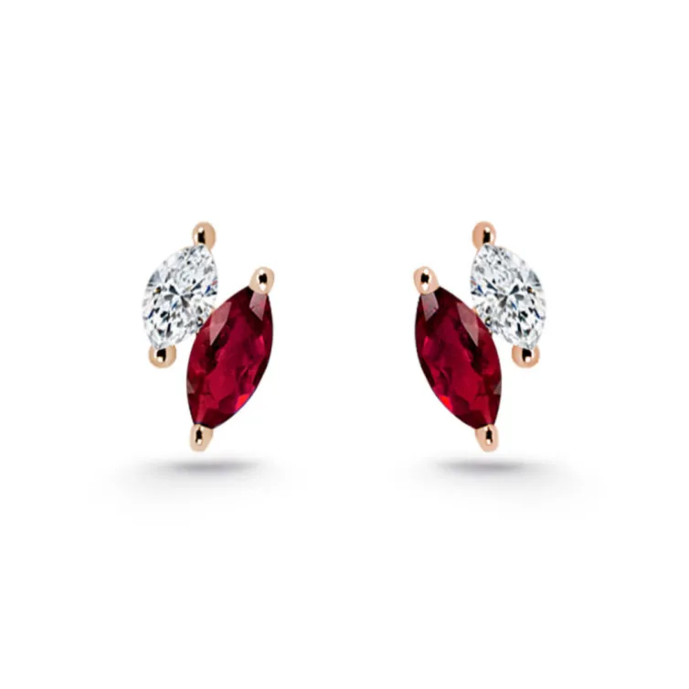Pendientes Trepadores Marquise Diamantes y Rubíes Oro Rosa