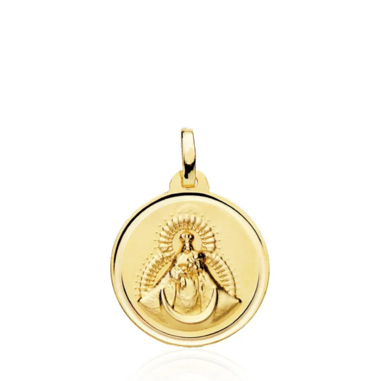 Virgen Del Rosario Medalla 18mm Bisel Liso 18K